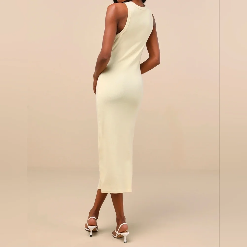 Lulus Majorly Trendy Light Yellow Ribbed Bodycon Midi Dress, Size Large - Picture 4 of 9